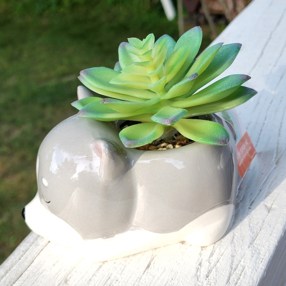 Flora Bunda Gray Puppy Ceramic Planter With Artificial Succulent Flower - Picture 6 of 10